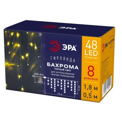 Гирлянда светодиодная "Бахрома" Эра ENIN-01В 1,8х0,5м Теплая 220В IP20 картинка 